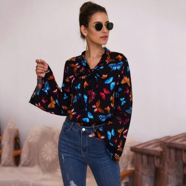 Lossky Autumn Shirts Top Long Sleeve Printed Office Wear Women Clothing New White Slim Bow Blouse Elegant Female 2019 Streetwear