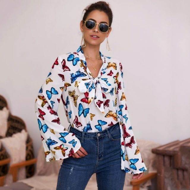 Lossky Autumn Shirts Top Long Sleeve Printed Office Wear Women Clothing New White Slim Bow Blouse Elegant Female 2019 Streetwear