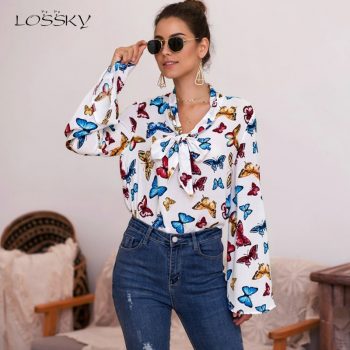 Lossky Autumn Shirts Top Long Sleeve Printed Office Wear Women Clothing New White Slim Bow Blouse Elegant Female 2019 Streetwear