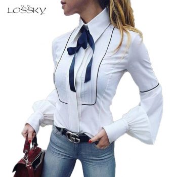 Office Bow Tie Blouse Women Lantern Sleeve White Button Necktie Shirts Female Elegant Work Shirt Casual Tops New 2018 Spring