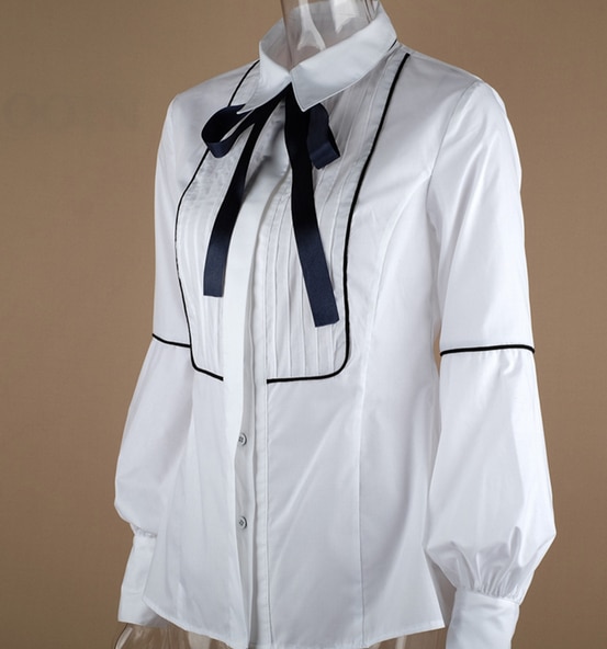 Office Bow Tie Blouse Women Lantern Sleeve White Button Necktie Shirts Female Elegant Work Shirt Casual Tops New 2018 Spring