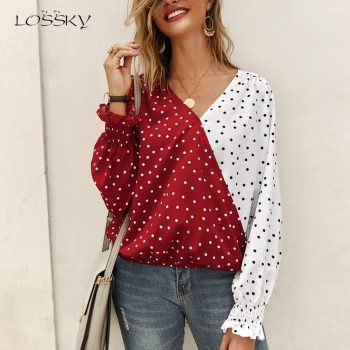 Lossky Women's Chiffion Shirts Polka Dot Print V Neck Yellow Black Stitching Top Autumn spring Casual Slim Cool Shirt Streetwear