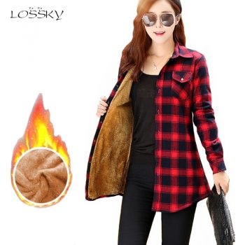 Lossky Winter Velvet Blouse Thick Keep Warm Cotton Shirts Women Long Sleeve Red Plaid Shirt 2018 Fashion Blouse Casual Work Tops