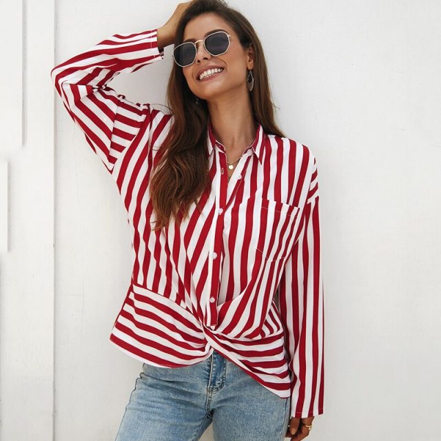 Lossky Women Chiffon Shirt Autumn Long Sleeve Ladies Elegant Top Red Striped Print Loose Blouse Yellow Office Clothing Work Wear