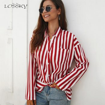 Lossky Women Chiffon Shirt Autumn Long Sleeve Ladies Elegant Top Red Striped Print Loose Blouse Yellow Office Clothing Work Wear