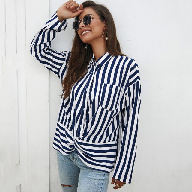 Lossky Women Chiffon Shirt Autumn Long Sleeve Ladies Elegant Top Red Striped Print Loose Blouse Yellow Office Clothing Work Wear