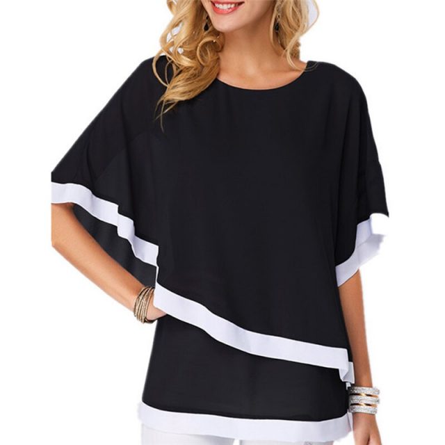 Lossky Summer Blouse Tops Women O Neck Half Sleeve Stitching Chiffon Shirts Batwing Sleeve Casual Simple Ladies Streetwear Tops