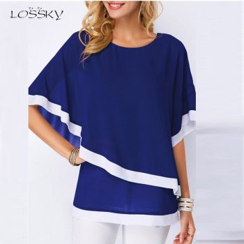 Lossky Summer Blouse Tops Women O Neck Half Sleeve Stitching Chiffon Shirts Batwing Sleeve Casual Simple Ladies Streetwear Tops