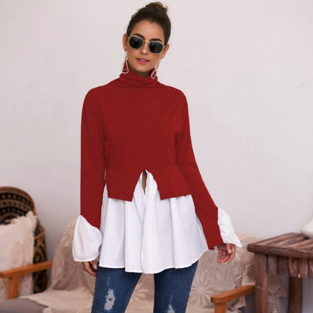 Lossky Shirts Women Top Long Sleeve Patchwork Blouse Autumn Turntlenck Clothing Front Slit Irregular Red Ladies Tunic Streetwear