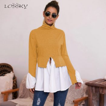 Lossky Shirts Women Top Long Sleeve Patchwork Blouse Autumn Turntlenck Clothing Front Slit Irregular Red Ladies Tunic Streetwear