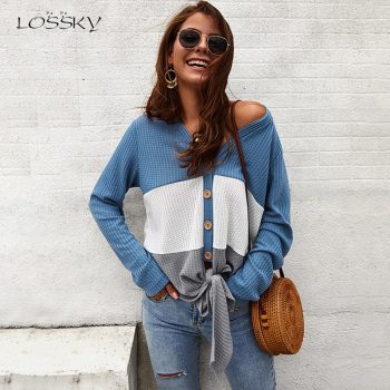 Lossky Casual Women Blouses Autumn Long Sleeve Patchwork Knit Shirt Ladies V-Neck Button Lace Up Clothing Tops Female Streetwear