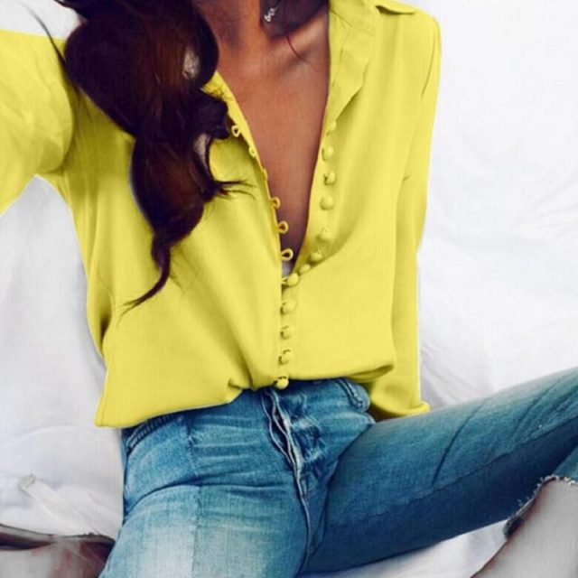 Lossky Women Shirt Sexy Autumn Buttons V Neck Turn-down Collar Long Sleeve Blouse Plus Size 5XL White Ladies Office Cardigan Top