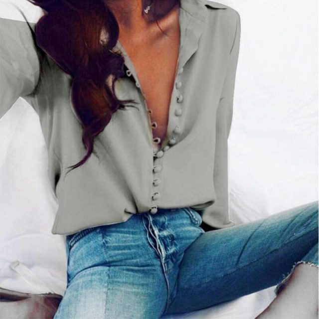 Lossky Women Shirt Sexy Autumn Buttons V Neck Turn-down Collar Long Sleeve Blouse Plus Size 5XL White Ladies Office Cardigan Top