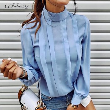 Lossky Women Shirt Autumn Fashion Turtleneck Top Female Long Sleeve Blouse White Shirt Casual Loose Ladies Clothing Elegant 2019