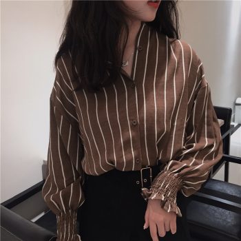 2017 Autumn Spring Vintage Shirts Women Striped Slim Stand collar Women Casual Shirts Ladies Classic Style Shirts Female Loose