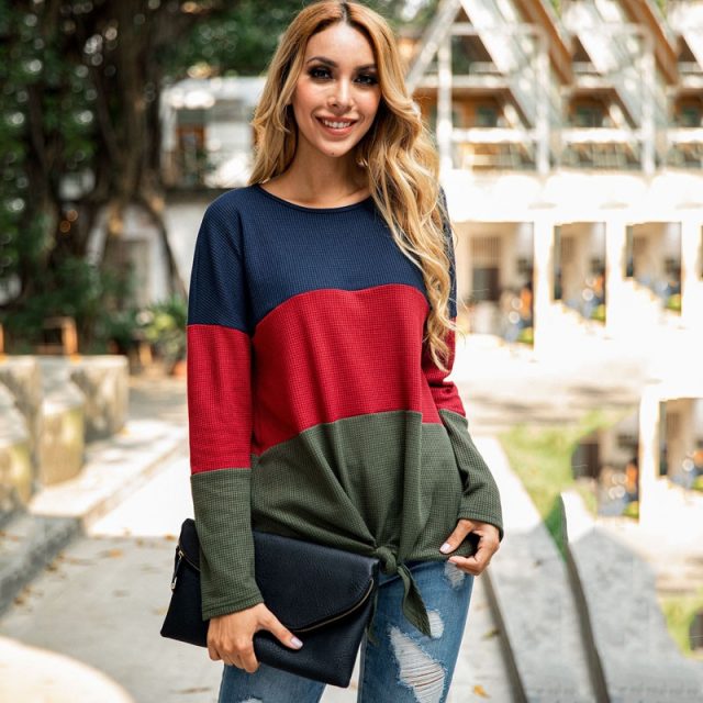 Lossky T Shirt Tee Tops Women Long Sleeve 2019 Autumn Patchwork Leisure Knitwear Fashion Ladies Casual Fall Loose Femme Clothes