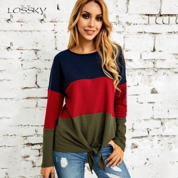 Lossky T Shirt Tee Tops Women Long Sleeve 2019 Autumn Patchwork Leisure Knitwear Fashion Ladies Casual Fall Loose Femme Clothes