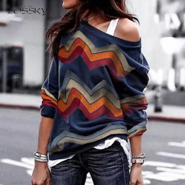 Lossky T Shirts Women Geometric Autumn Winter Long Sleeve Top Sexy One Shoulder Female Plus Size Streetwear Ladies Clothing 2019