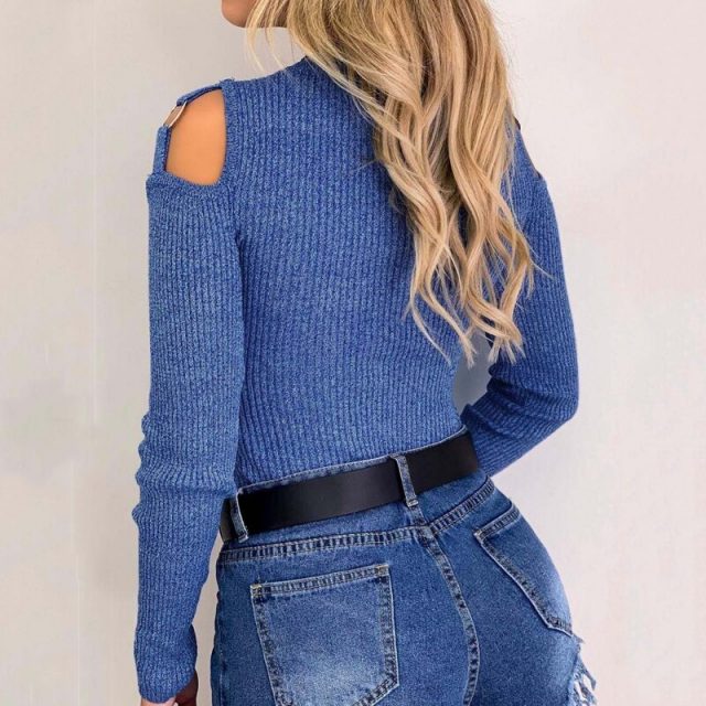 Lossky T-shirt Women Knitted Tunic Long Sleeve Top Female Clothing Fashion Sexy Off-The-Shoulder Ladies Slim Tee Streetwear 2019