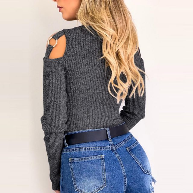 Lossky T-shirt Women Knitted Tunic Long Sleeve Top Female Clothing Fashion Sexy Off-The-Shoulder Ladies Slim Tee Streetwear 2019