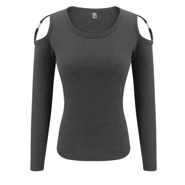 Lossky T-shirt Women Knitted Tunic Long Sleeve Top Female Clothing Fashion Sexy Off-The-Shoulder Ladies Slim Tee Streetwear 2019