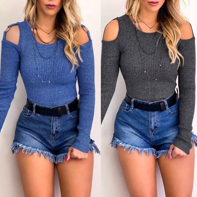 Lossky T-shirt Women Knitted Tunic Long Sleeve Top Female Clothing Fashion Sexy Off-The-Shoulder Ladies Slim Tee Streetwear 2019