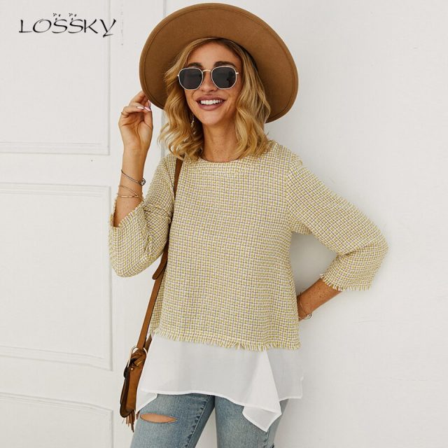 Lossky T Shirt Women Autumn Three Quarter Sleeve Tee Shirt Femme 2019 Vogue Ladies Plaid Tweed Casual Fall Clothes Stitching Top