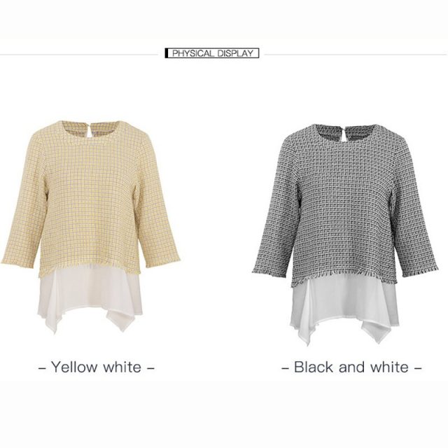 Lossky T Shirt Women Autumn Three Quarter Sleeve Tee Shirt Femme 2019 Vogue Ladies Plaid Tweed Casual Fall Clothes Stitching Top