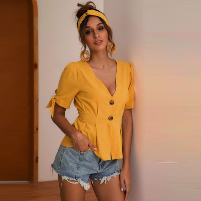 Lossky Women Tshirt Tops Linen Cotton Pleated Buttons V-neck Wrap Puff Sleeve With Bow-knot Bandage Waist Tightening Tshirt 2019