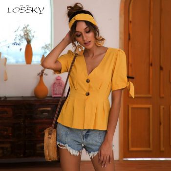 Lossky Women Tshirt Tops Linen Cotton Pleated Buttons V-neck Wrap Puff Sleeve With Bow-knot Bandage Waist Tightening Tshirt 2019