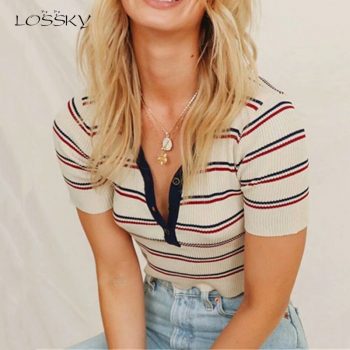 Lossky Sexy Short Knitwear T-shirt Crop Top Women Autumn Striped Print Short Sleeve V-neck Ladies Contrast Color Tees Clothing