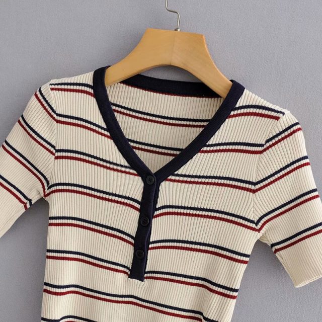 Lossky Sexy Short Knitwear T-shirt Crop Top Women Autumn Striped Print Short Sleeve V-neck Ladies Contrast Color Tees Clothing