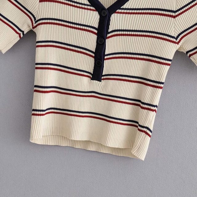 Lossky Sexy Short Knitwear T-shirt Crop Top Women Autumn Striped Print Short Sleeve V-neck Ladies Contrast Color Tees Clothing