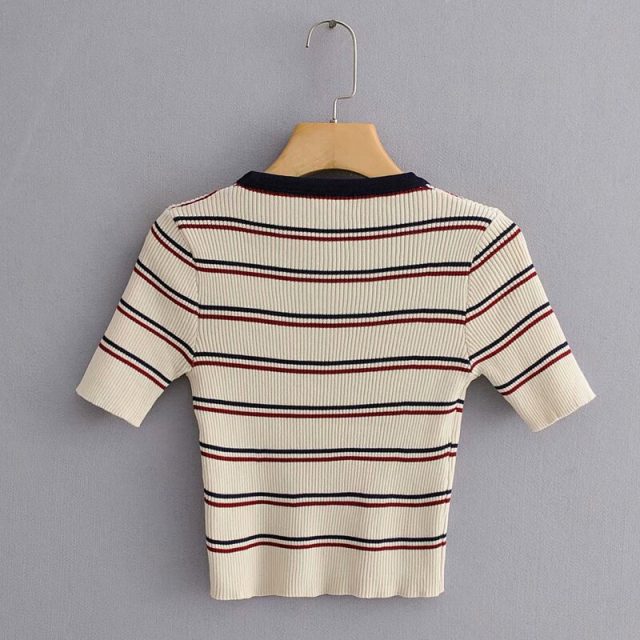 Lossky Sexy Short Knitwear T-shirt Crop Top Women Autumn Striped Print Short Sleeve V-neck Ladies Contrast Color Tees Clothing