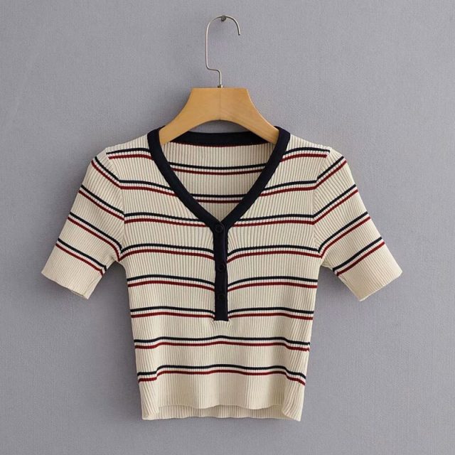 Lossky Sexy Short Knitwear T-shirt Crop Top Women Autumn Striped Print Short Sleeve V-neck Ladies Contrast Color Tees Clothing