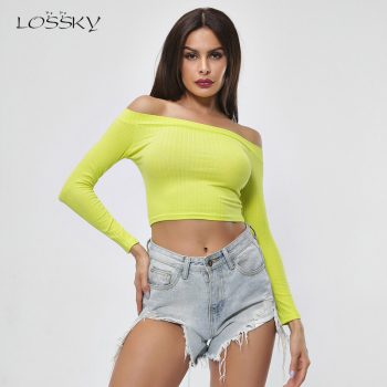 Lossky T Shirt Women Crop Top Sexy Backless Off Shoulder Long Sleeve Short T-Shirt Streetwear Cotton Black Pink Girl T-shirt Top