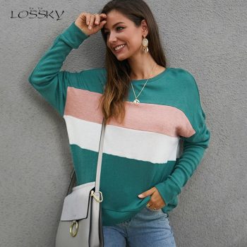 Lossky T-shirts Women Long Sleeve Autumn Winter Knit Tops Fashion Stripe Patchwork Female Clothing Casual Ladies Tee Shirt 2019