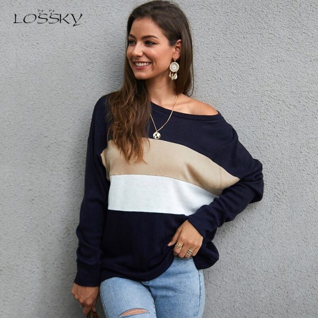 Lossky T-shirts Women Long Sleeve Autumn Winter Knit Tops Fashion Stripe Patchwork Female Clothing Casual Ladies Tee Shirt 2019