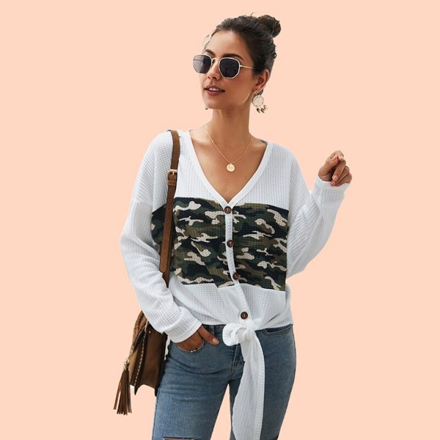 Lossky Women T Shirt V-neck Buttons Top Long Sleeve Female Camouflage Printed Patchwork Autumn Tops White Ladies Casual Clothing
