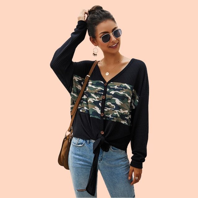 Lossky Women T Shirt V-neck Buttons Top Long Sleeve Female Camouflage Printed Patchwork Autumn Tops White Ladies Casual Clothing