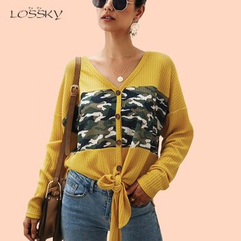 Lossky Women T Shirt V-neck Buttons Top Long Sleeve Female Camouflage Printed Patchwork Autumn Tops White Ladies Casual Clothing