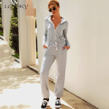 Lossky Autumn Winter Jumpsuit Zipper Womens Long Sleeve Rompers Solid Casual Long Pants Slim Jumpsuit Ladies Sets Leisure 2019