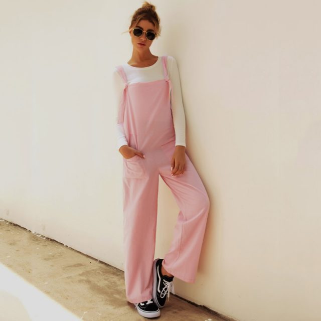 Lossky Women Jumpsuits Fall 2019 Ladies Casual Long Pink Rompers With Pockets High Waist Suspender Pants Loose Clothing Leisure