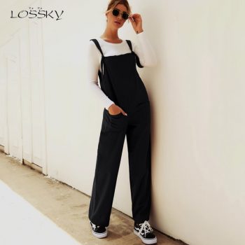 Lossky Women Jumpsuits Fall 2019 Ladies Casual Long Pink Rompers With Pockets High Waist Suspender Pants Loose Clothing Leisure