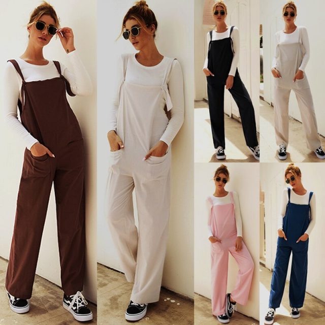 Lossky Women Jumpsuits Fall 2019 Ladies Casual Long Pink Rompers With Pockets High Waist Suspender Pants Loose Clothing Leisure