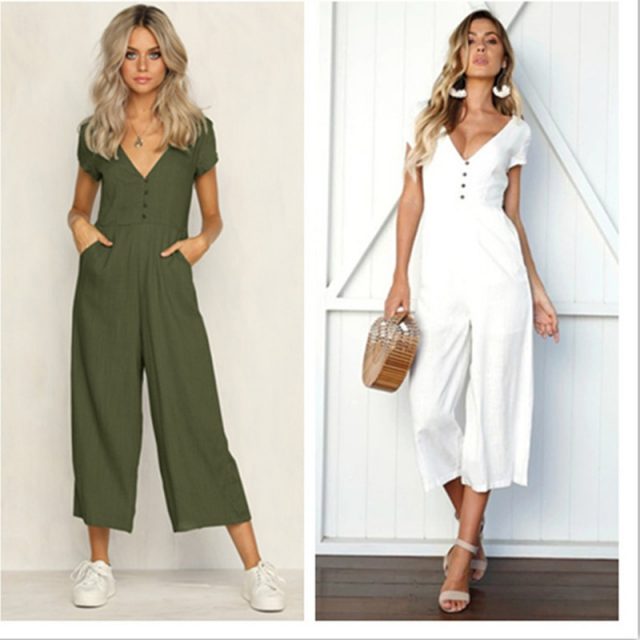 Lossky Women Jumpsuit Summer Sexy Button V-Neck Short Sleeve Slim Holiday Long Jumpsuit Pants Hot White Wide Leg Loose Jumpsuit