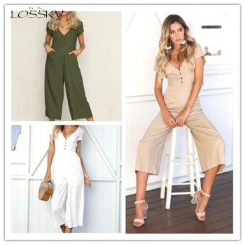 Lossky Women Jumpsuit Summer Sexy Button V-Neck Short Sleeve Slim Holiday Long Jumpsuit Pants Hot White Wide Leg Loose Jumpsuit