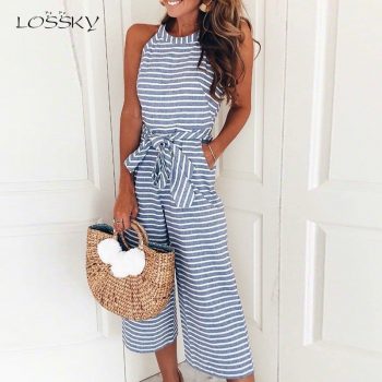 Lossky Rompers Women Striped Printed Lace-up Pocket O-neck Sleeveless Long Wide Leg Pants Zip Summer Black Pink Overalls Female