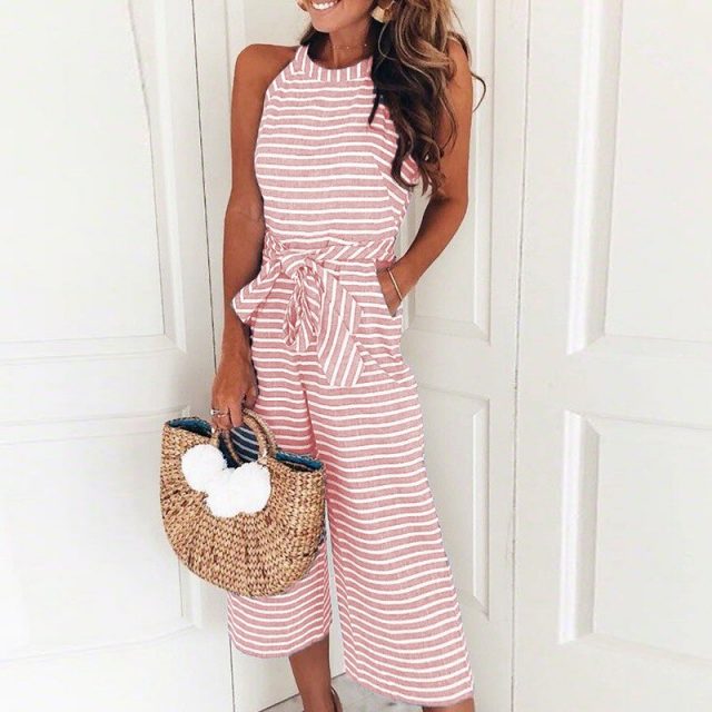 Lossky Rompers Women Striped Printed Lace-up Pocket O-neck Sleeveless Long Wide Leg Pants Zip Summer Black Pink Overalls Female