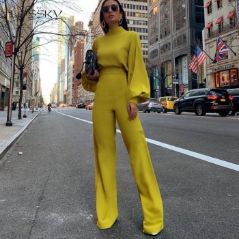 Lossky Jumpsuit 2019 Women Long Sleeve Long Pant White Ladies Romper Suit Elegant Half Turtleneck Wide Leg Trouser Fall Clothing